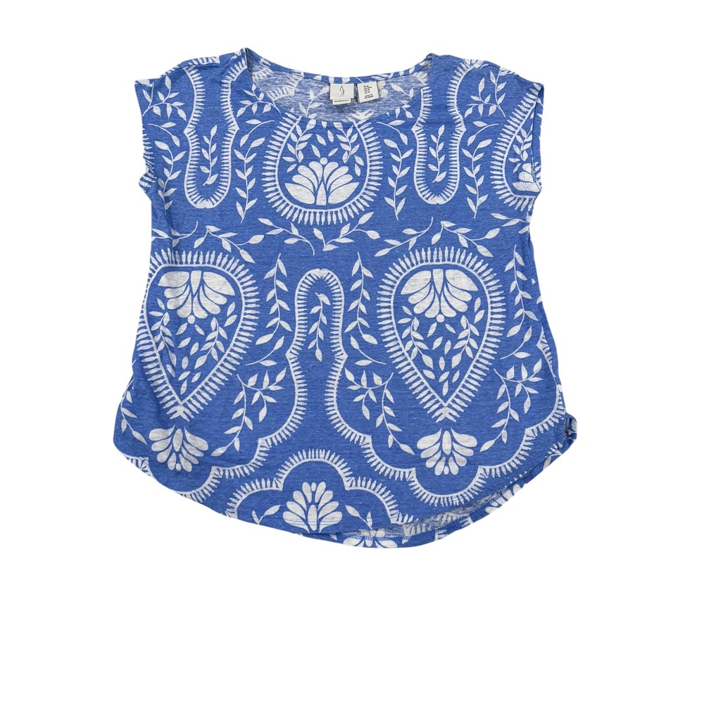 Joie Womens Blue White Linen Floral Paisley Short Sleeve Blouse Top Size M